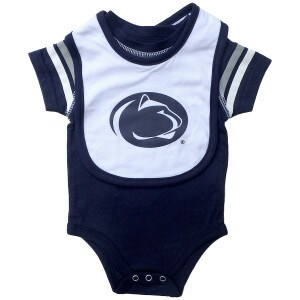 navy onesie with striped sleeves and white bib with Penn State Athletic Logo